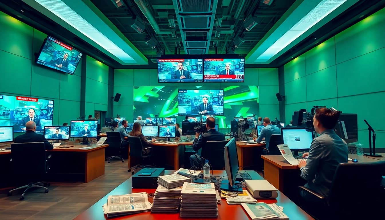 Covering the latest news in a vibrant, modern newsroom with dynamic activity.