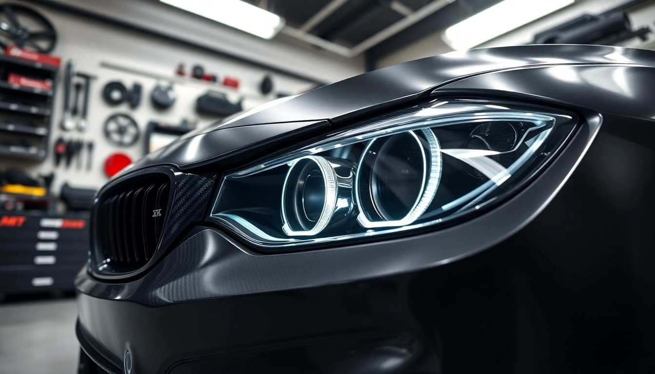 Showcasing G80 M3 Carbon Fiber Headlight Delete with detailed craftsmanship in a bright workshop.