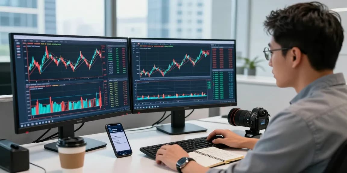 Trader analyzing trading market insights on dual monitors in a bright office environment.