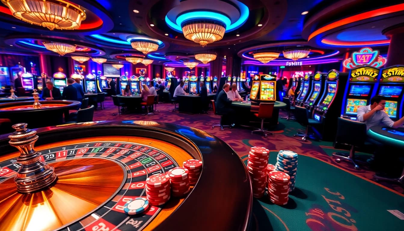 Exciting KJC AC 2 casino experience with roulette, poker tables, and vibrant slot machines.
