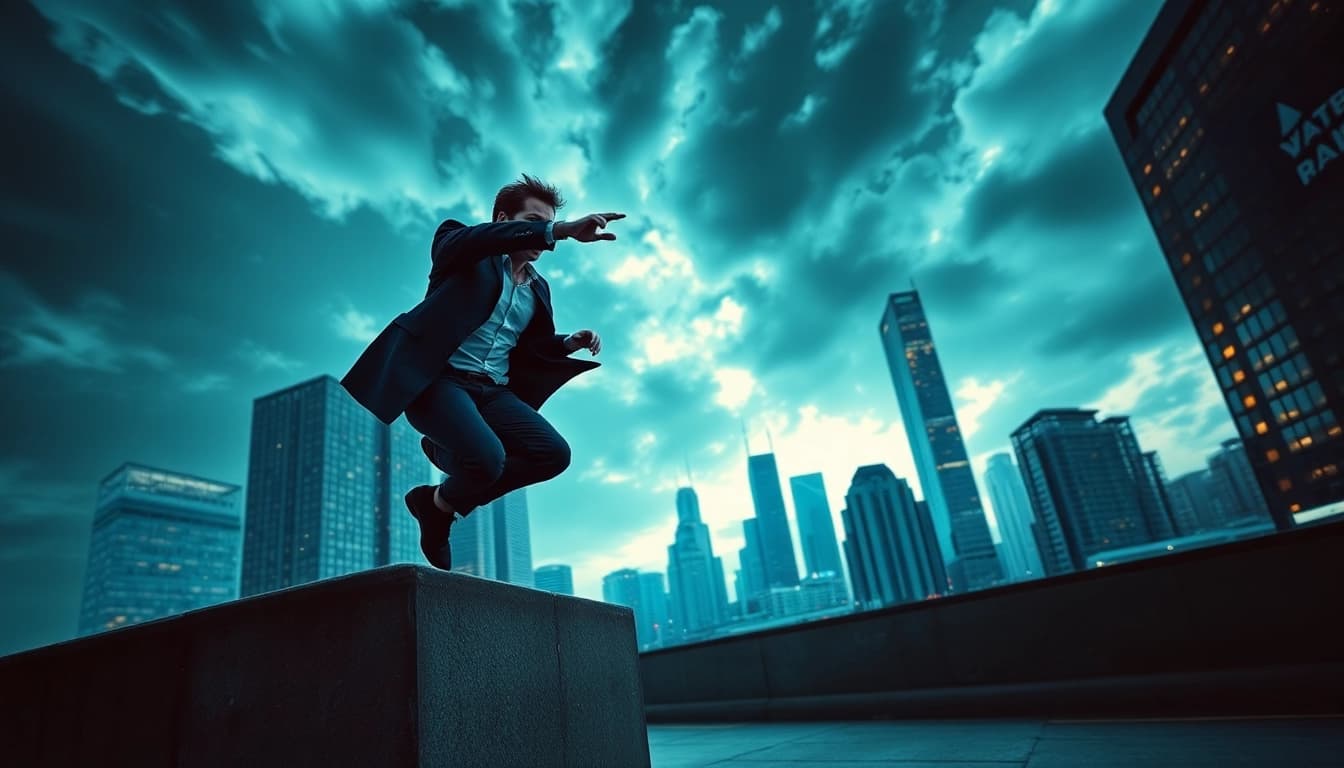 Engaging scene from a Clean action thriller showcasing a heroic chase in an urban landscape.