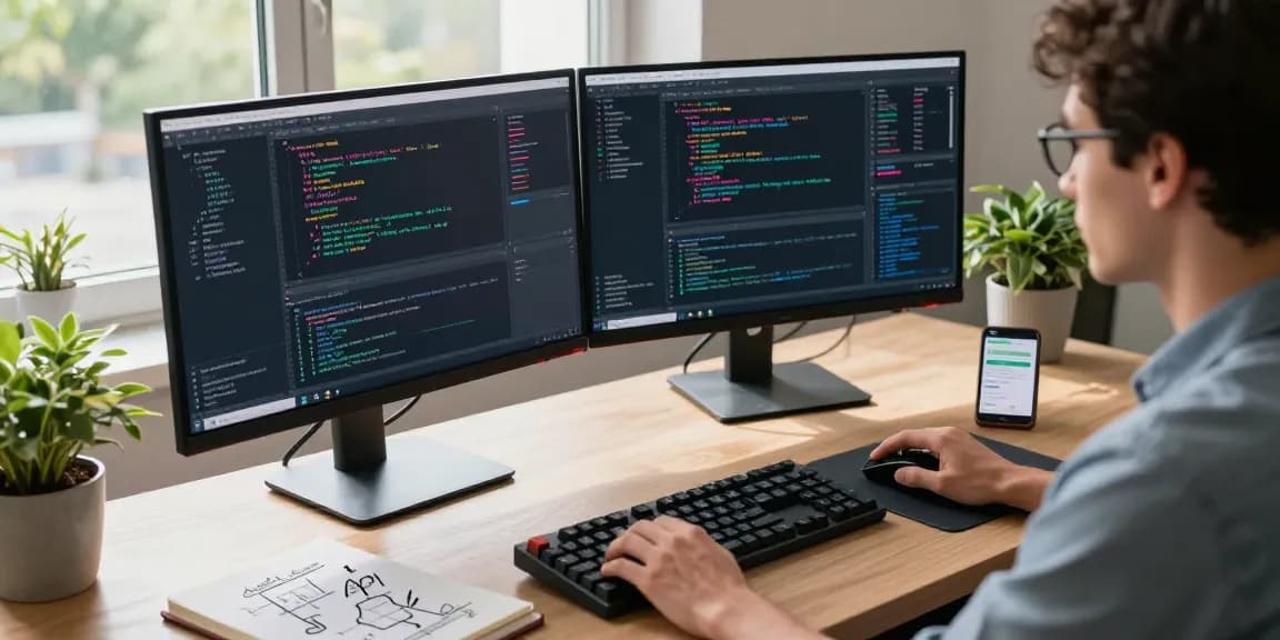 实时外汇WebSocket推送接口的开发者在现代工作空间中专注编程，桌面上显示市场数据和编程代码，富有活力的氛围。