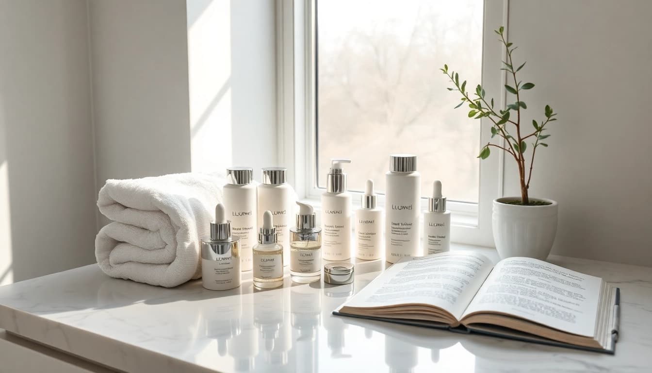 Anti-age hudvård-produkter visas elegant i en lugn hudvårdsmiljö.