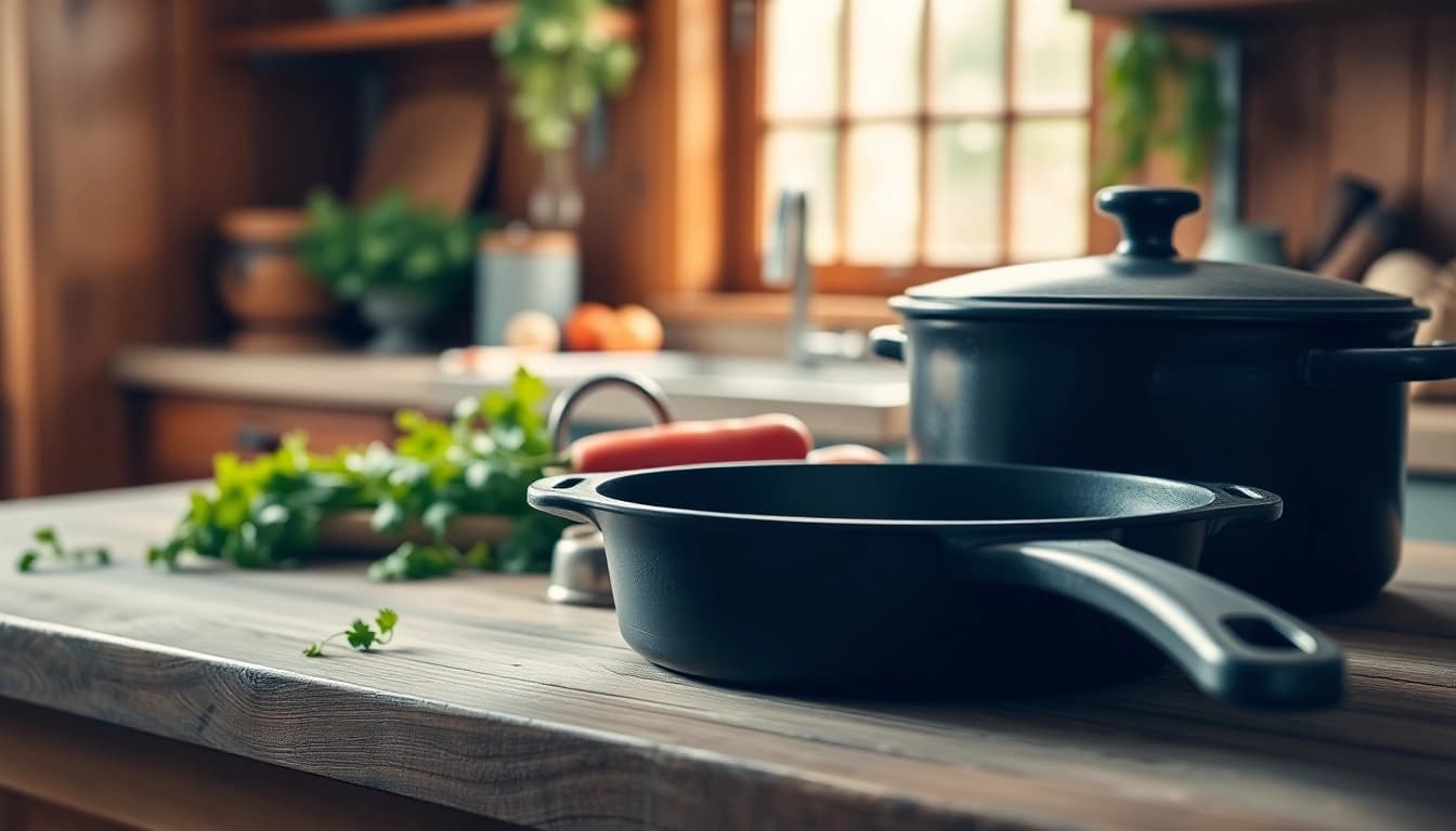 High-quality cast iron cookware NZ showcased on a rustic kitchen countertop, highlighting culinary versatility.