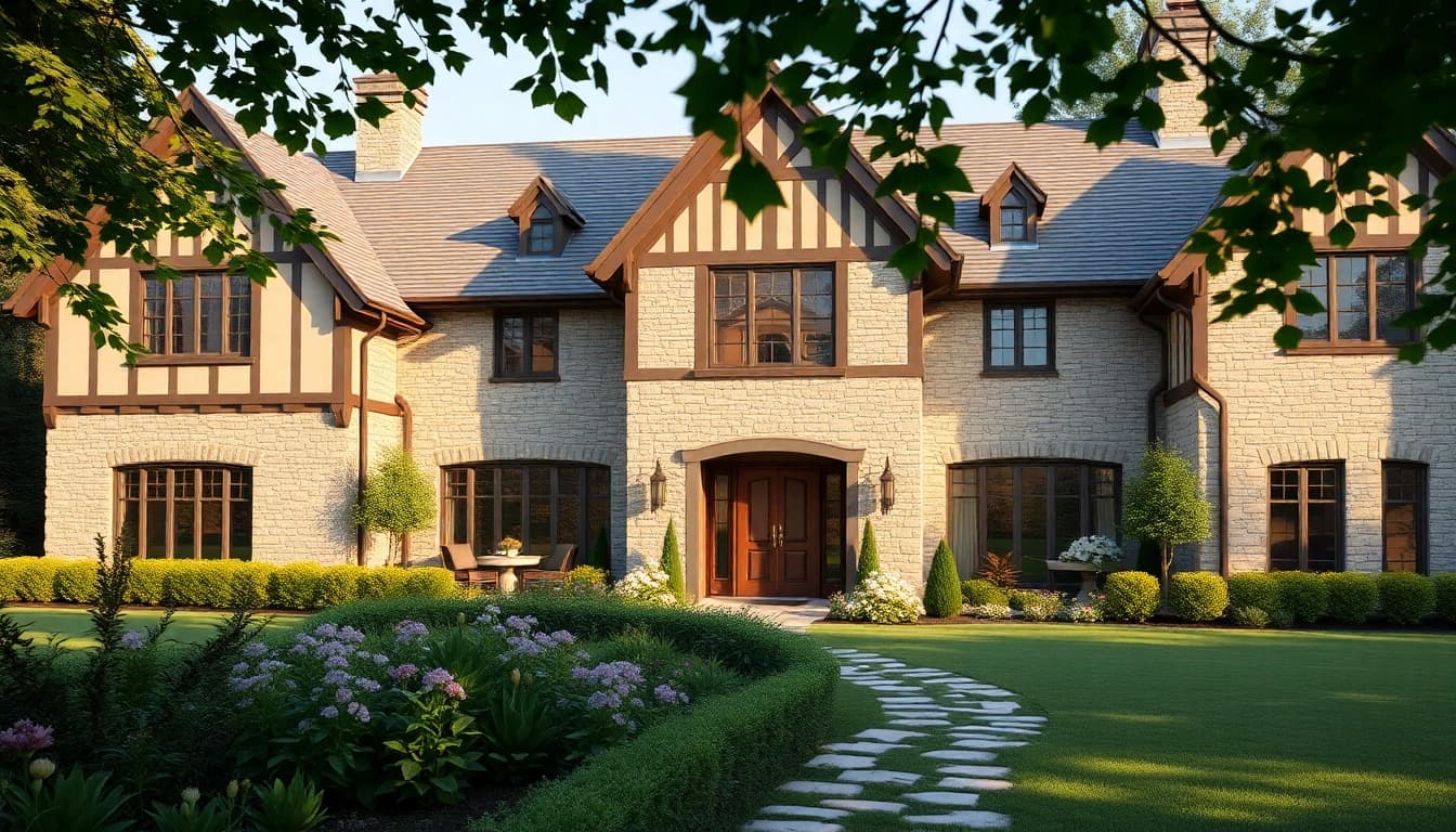 Wellesley Tudor Expansion showcasing a grand home with lush gardens and elegant architecture.