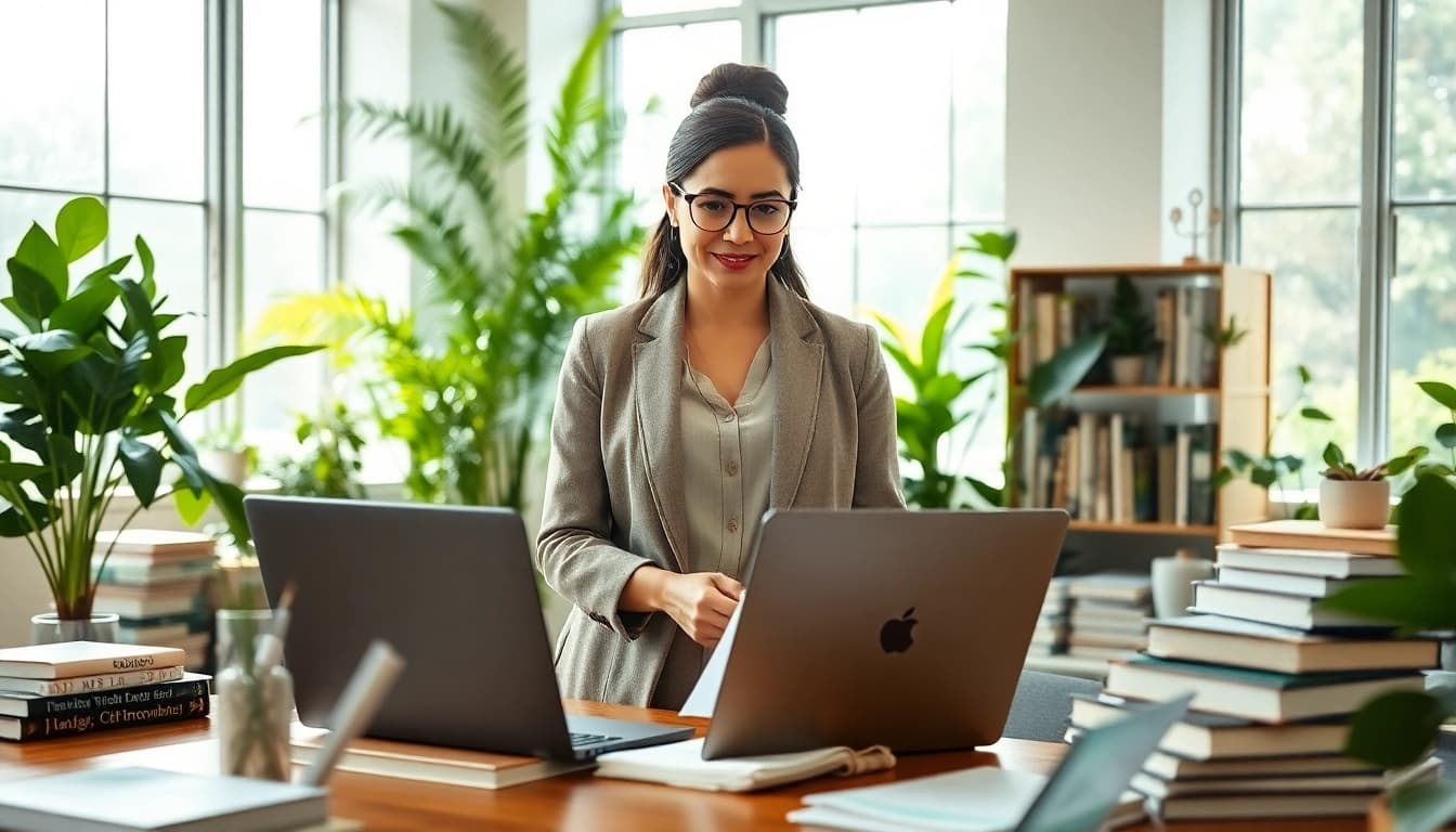 Environmental lawyer analyzing legislation with confidence in a warm, eco-friendly office.