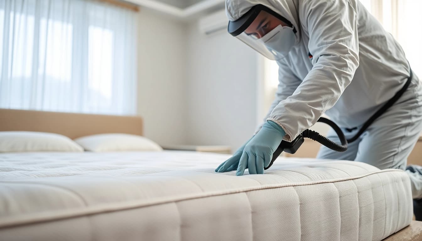 Engaging technician performing bed bug pest control efficiently in a clean bedroom.