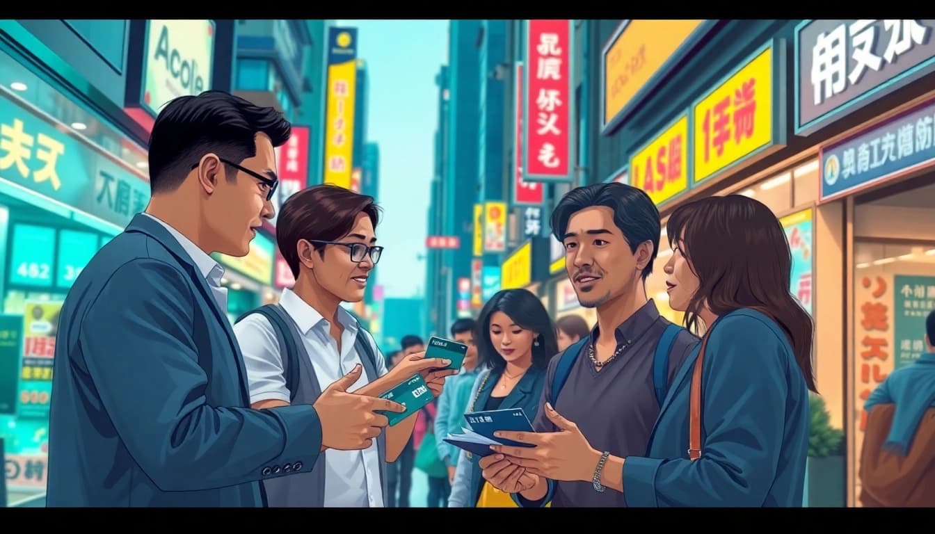 카드깡 거래를 하는 사람들과 활기찬 도심의 배경을 보여주는 장면