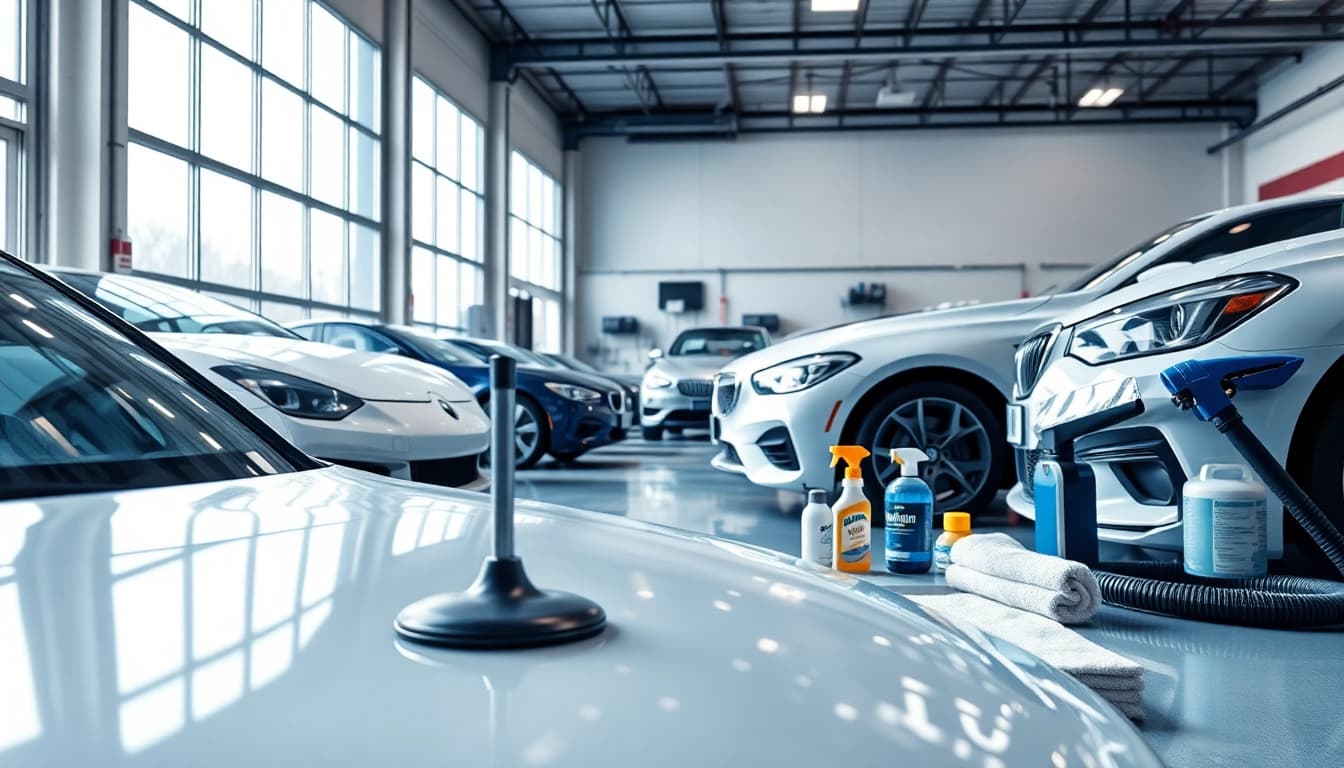Expert car detailing near me with professional tools in a well-lit garage.