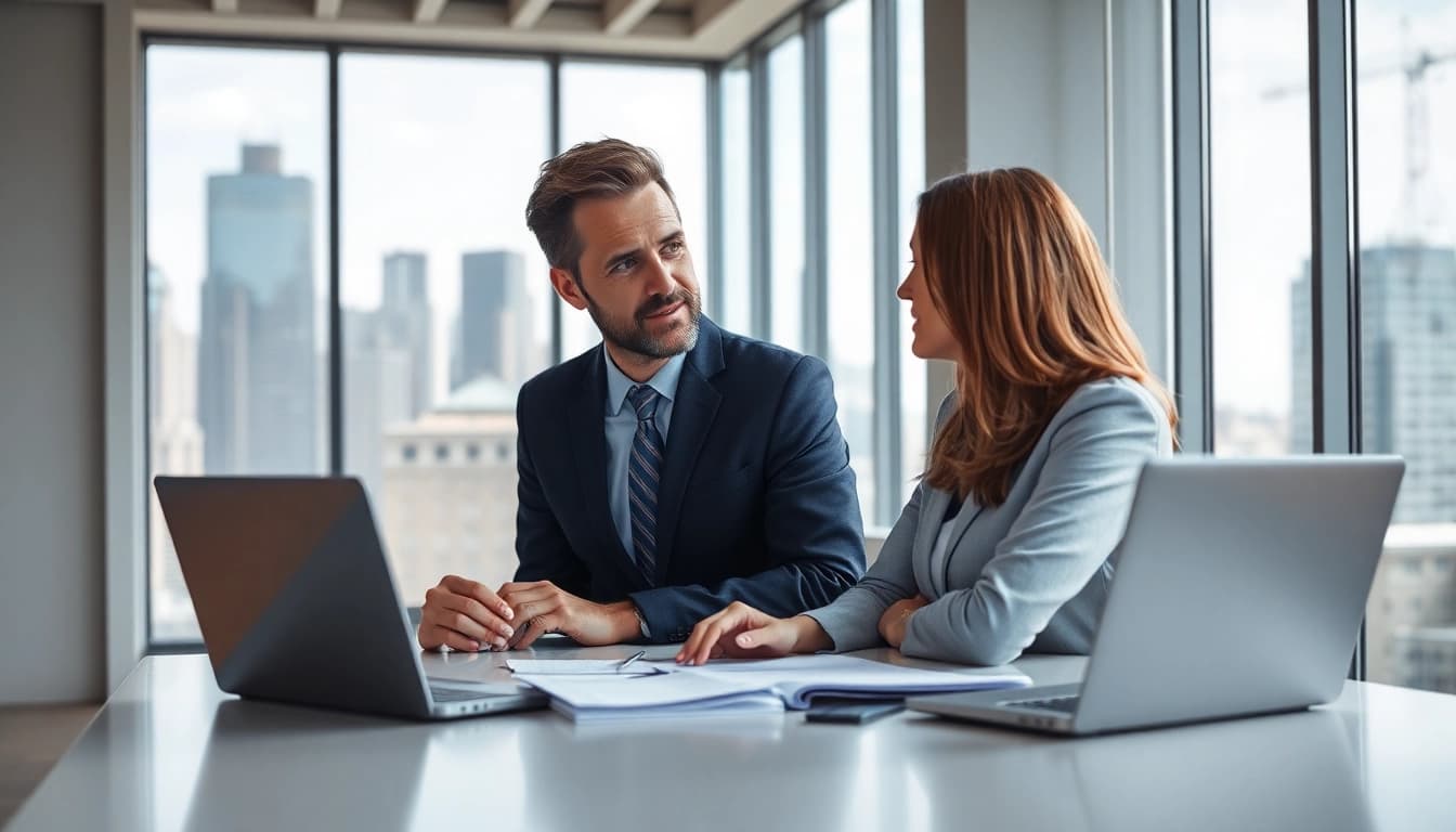 Discussing Family Law Financial Agreements between a couple in a modern office.