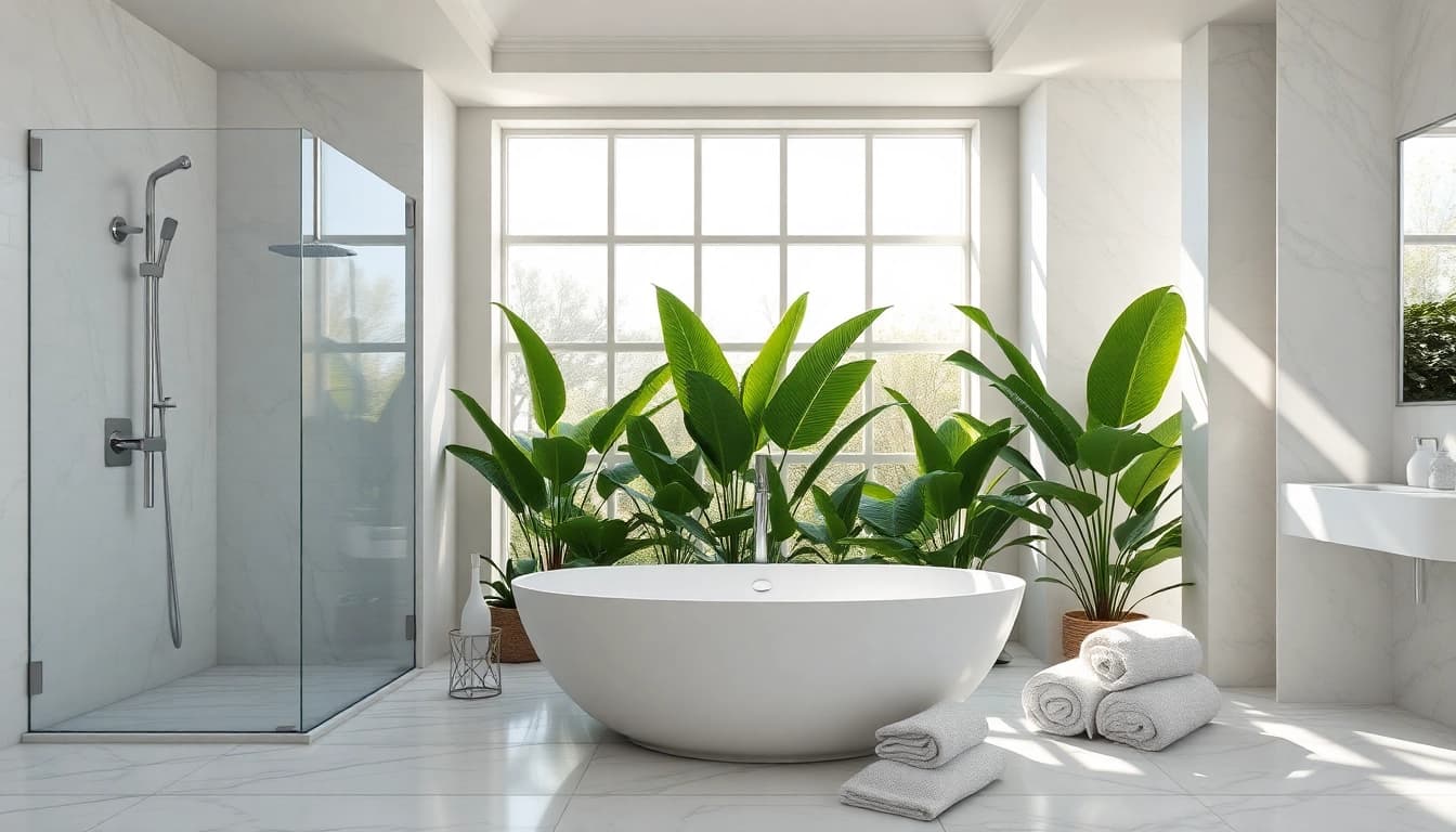 Experience elegant showers in a luxurious bathroom with beautiful plants and soft sunlight.