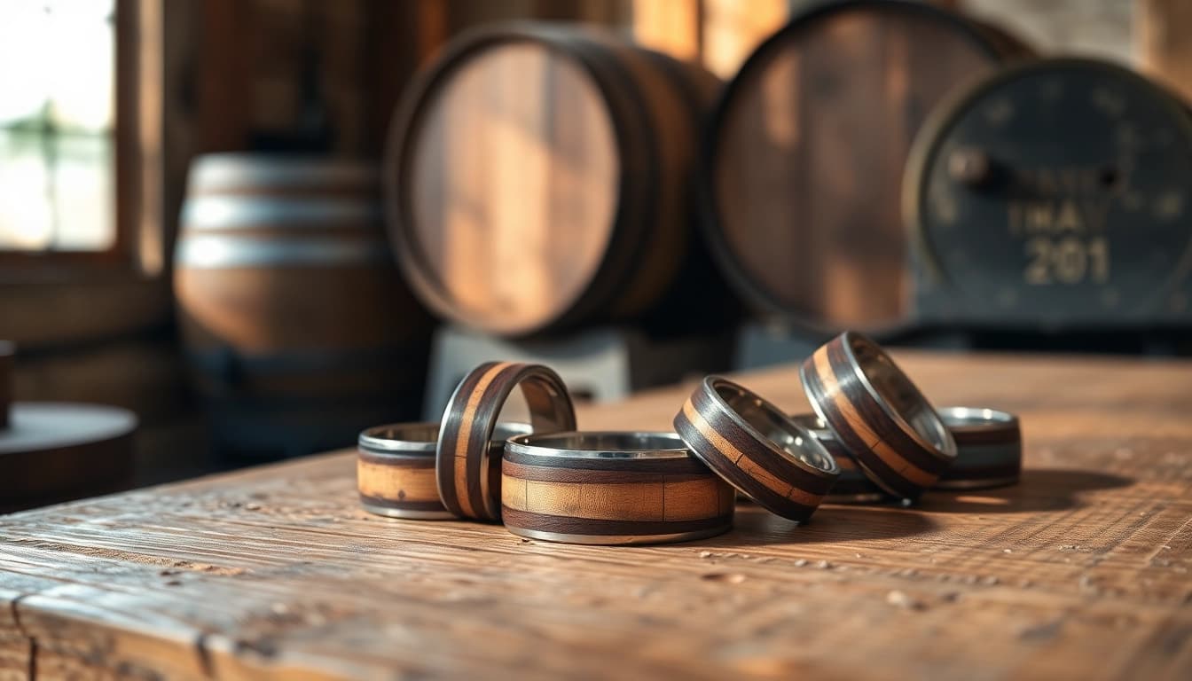 Showcasing unique Whiskey Barrel Wedding Bands with intricate wood grain in a rustic setting.