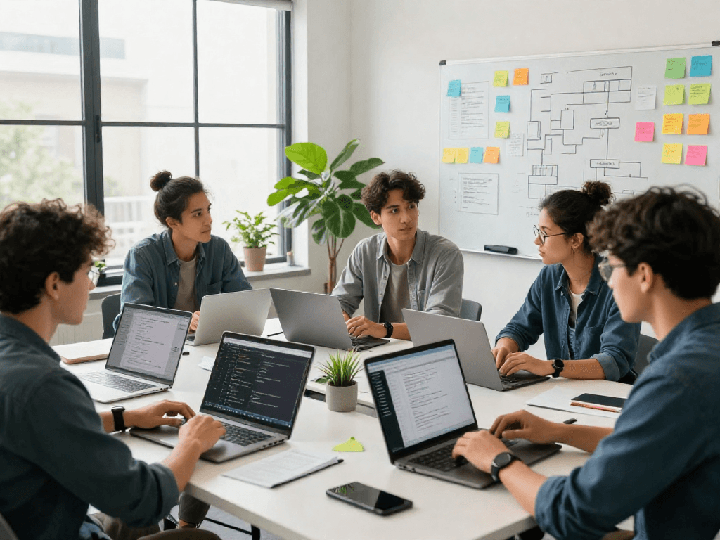 Team collaborating with crushon ai on software development in modern workspace