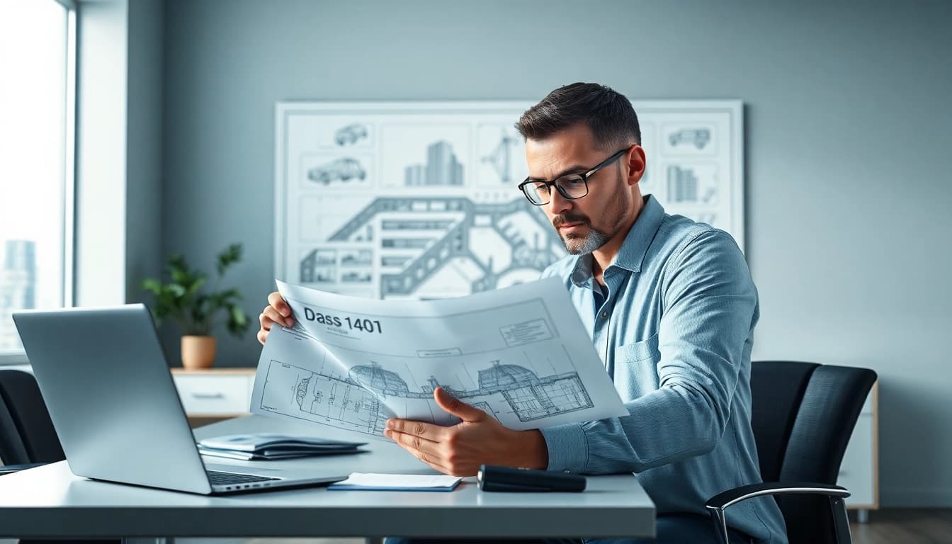 Analyze das 140 diagram with an engineer working at a modern desk.