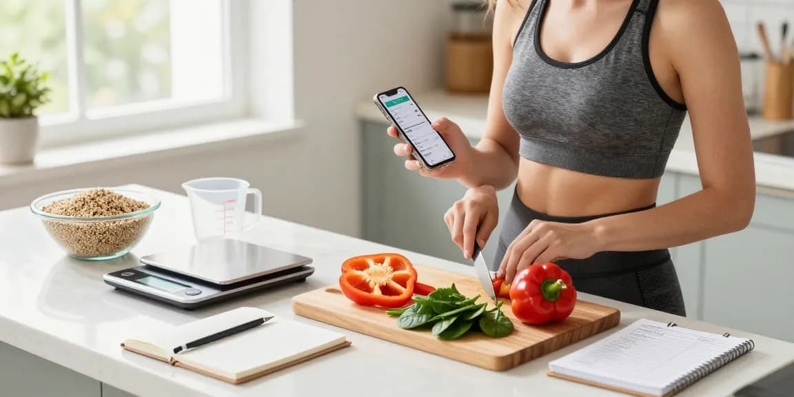 Exploring the best calorie tracker in a bright kitchen with healthy meal prep.