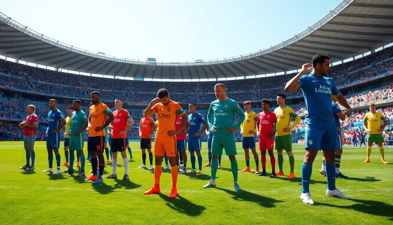 Showcasing players in team football kits ready for match action in a vibrant stadium.