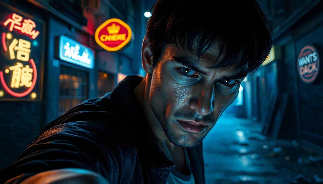 Engaging scene from a clean action thriller featuring a heroic protagonist in an urban setting.
