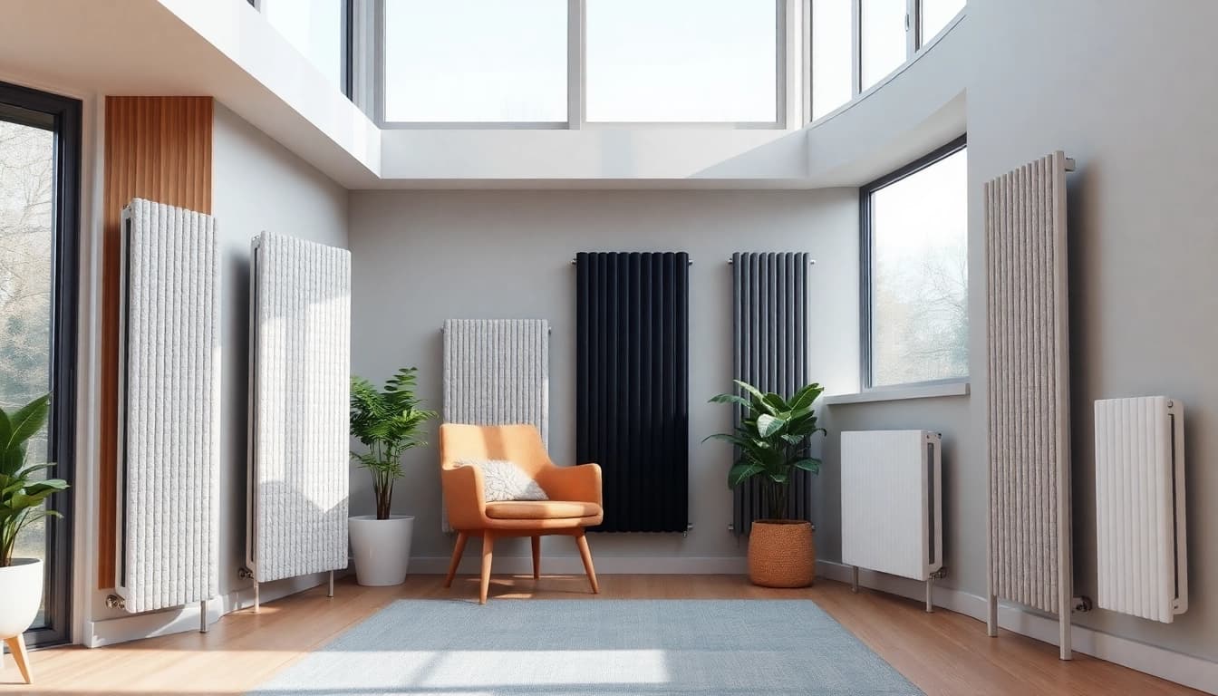 Heizkörper kaufen: Diverse stylische Radiatoren in einem modernen Wohnzimmer präsentieren.