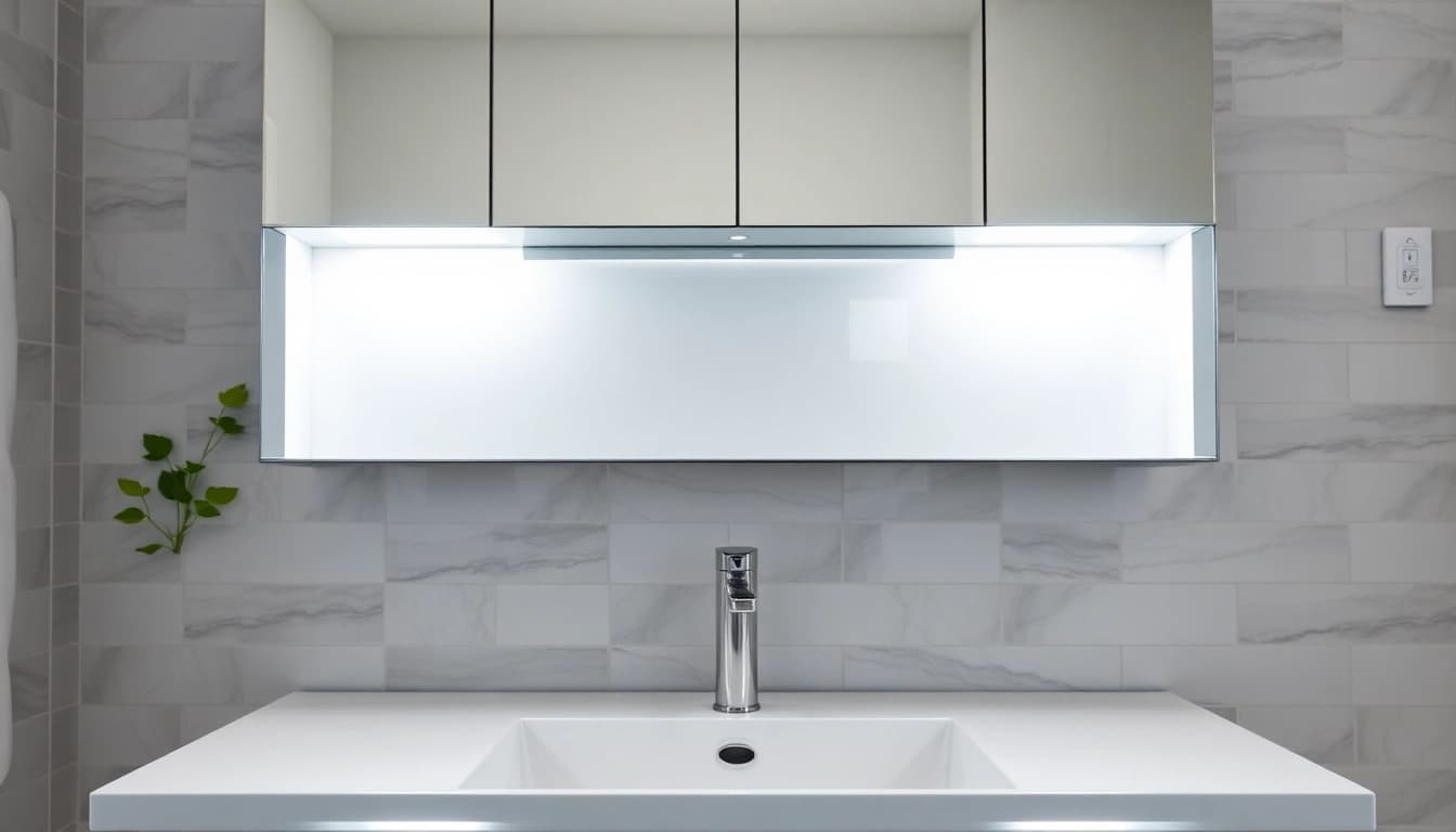 Explore a stylish bathroom cabinet with mirror and light, enhancing your modern bathroom design.