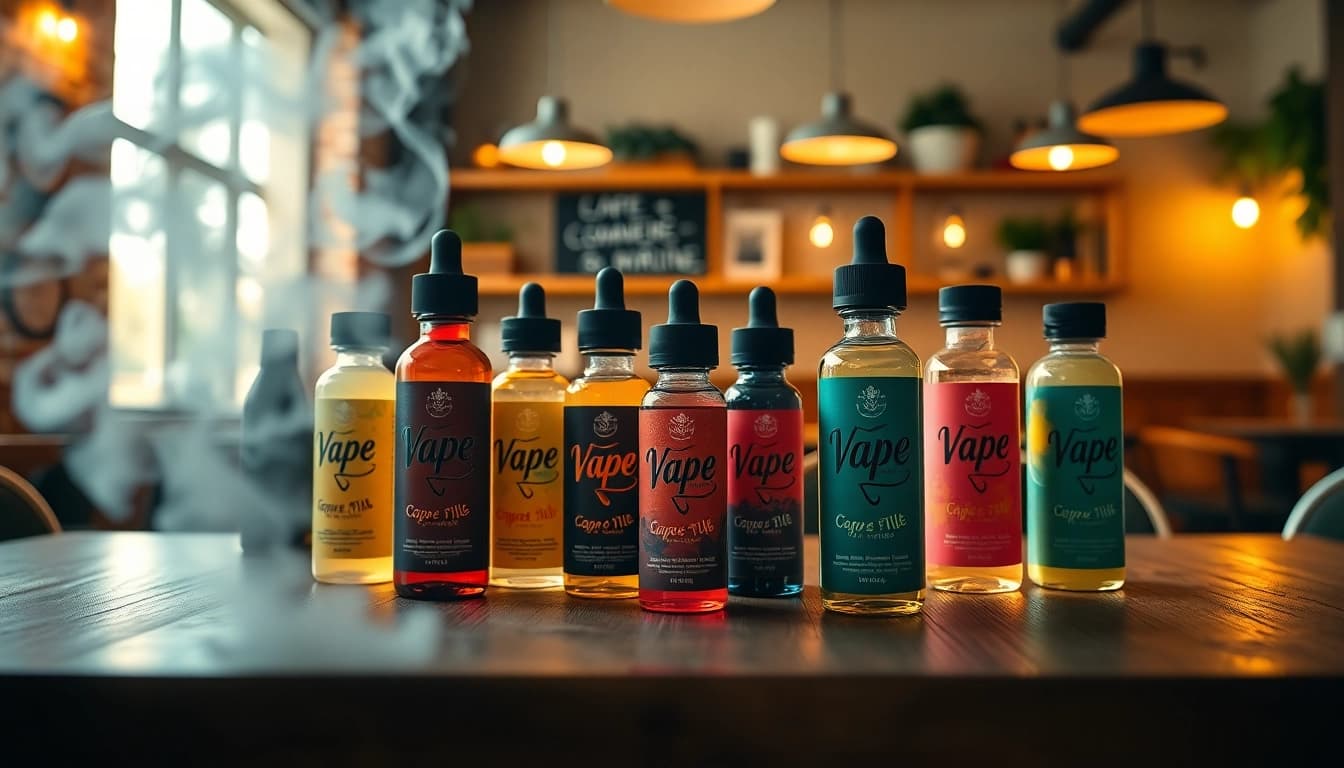 Showcasing various Vape Juice bottles elegantly arranged against a café backdrop.