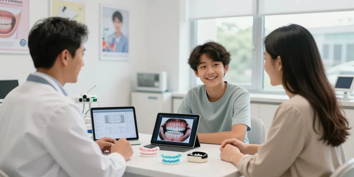 Teen orthodontics Hawthorn consultation with orthodontist and family, showcasing treatment options.