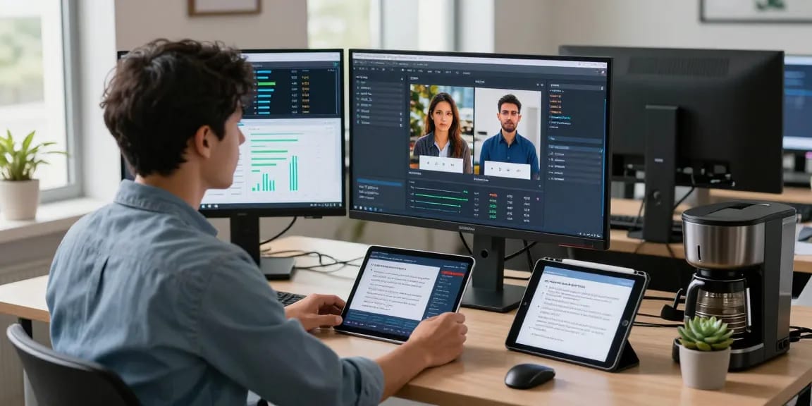 Data scientist analyzing performance metrics of an ai image detector in a modern tech workspace, highlighting advanced AI detection capabilities.