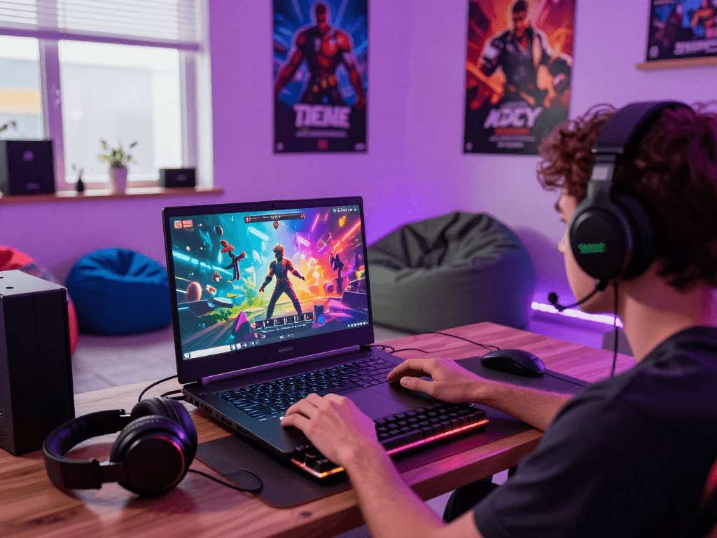 Engaging player enjoying HTML porn games in a vibrant gaming corner with dynamic visuals.