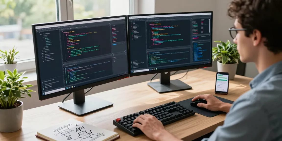 实时外汇WebSocket推送接口的开发者在现代工作空间中专注编程，桌面上显示市场数据和编程代码，富有活力的氛围。