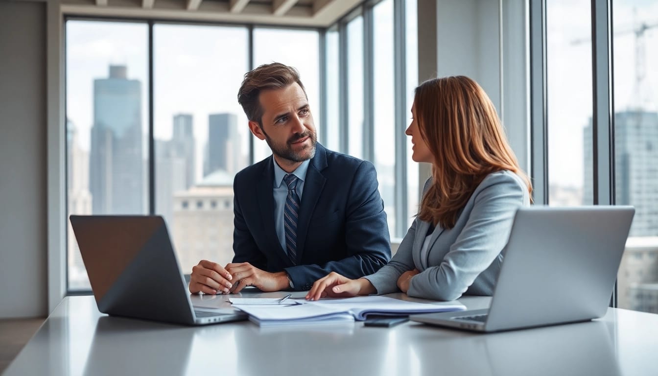 Discussing Family Law Financial Agreements between a couple in a modern office.