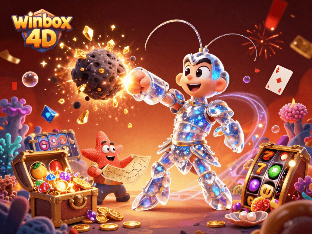 Engage with winbox 4d's vibrant slot game scene featuring a galactic mantis shrimp and rich treasure.