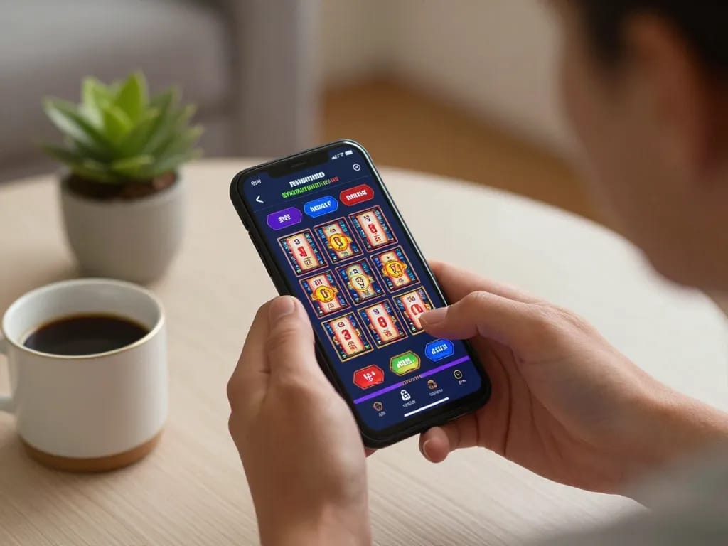 Engaging with casino gratis senza registrazione on a smartphone in a cozy home setup, capturing the thrill of instant gaming.