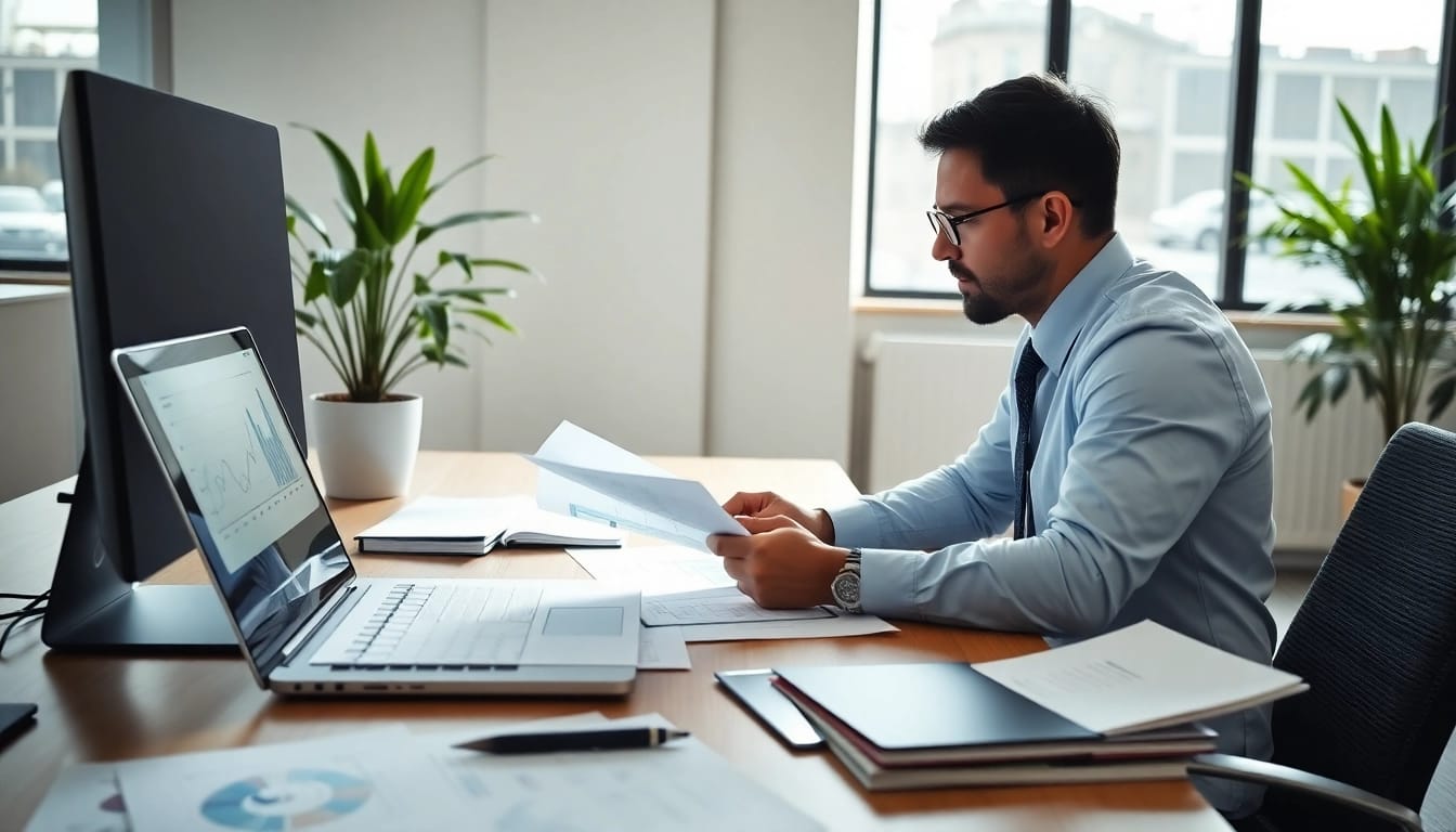 Consultant reviewing grants and pre-post award compliance documents on a desk.