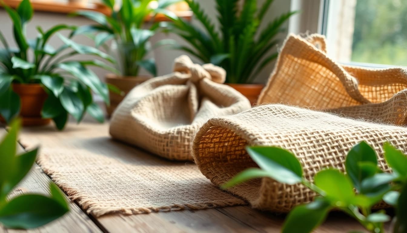 Creëer ambachtelijke jute producten met natuurlijke vezels en groene accenten.