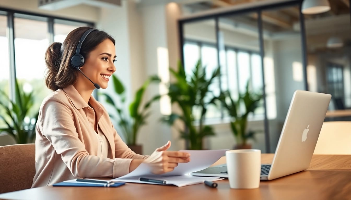 Engaging customer service representative offering an online warranty quote with a friendly demeanor.