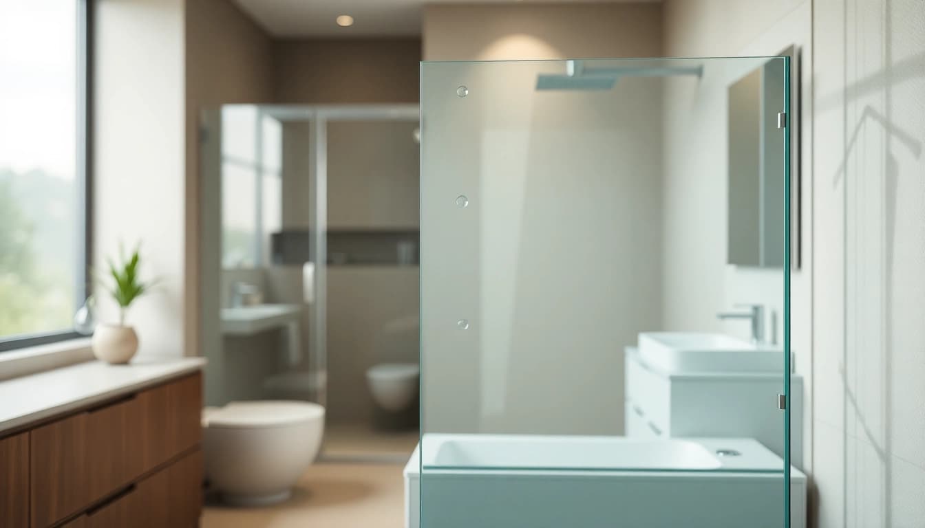 Admiring a paroi de douche en verre moderne dans une salle de bains élégante.
