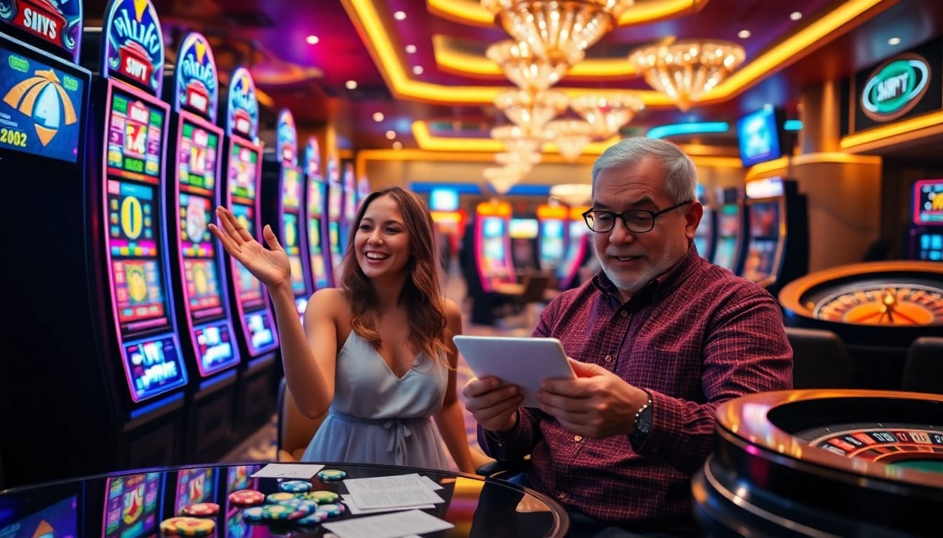 Strategi kemenangan pada mesin slot yang menampilkan 'deposit slot 1K' dengan pemain yang bersemangat di kasino mewah.