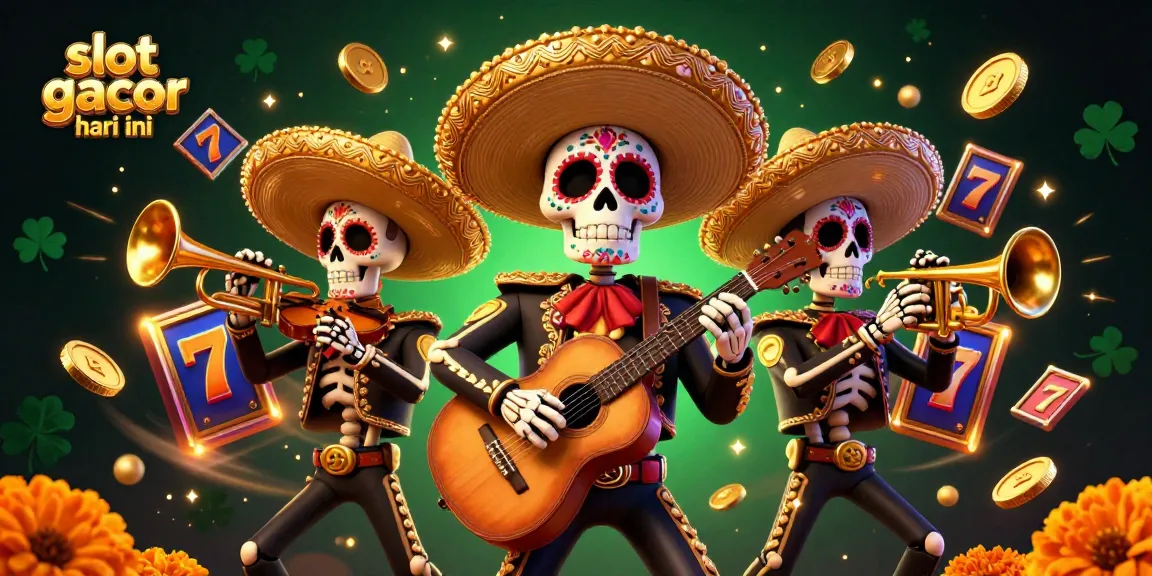 Experience the thrill of slot gacor hari ini with vibrant skeleton mariachi band in a dynamic casino scene.