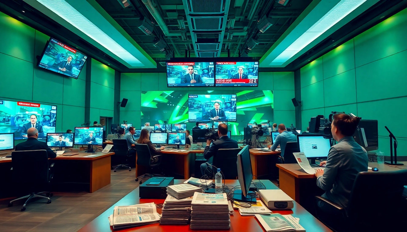 Covering the latest news in a vibrant, modern newsroom with dynamic activity.