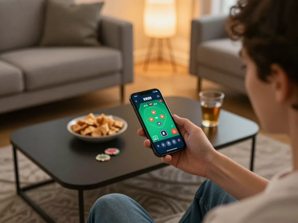 Engaging with the RR88 App for poker gameplay in a cozy home setting with snacks nearby.