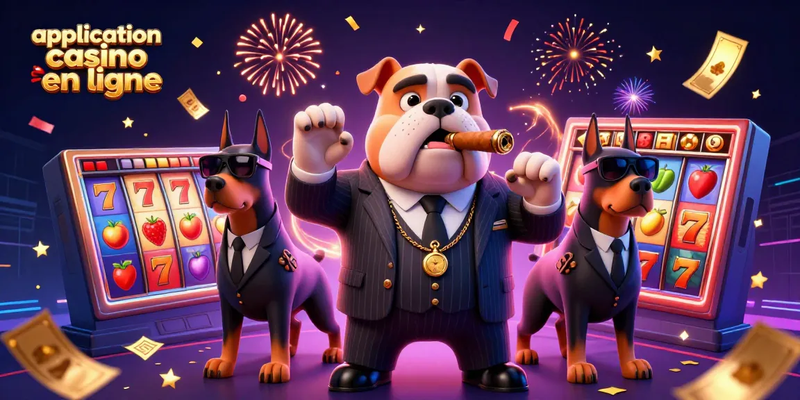 Application casino en ligne avec un bulldog mafieux entouré d'éléments de jeu captivants.