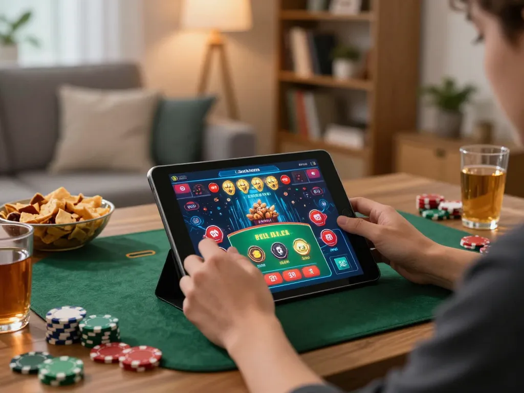 Engaging in online gambling at home with casino online esteri app displayed on tablet in cozy environment