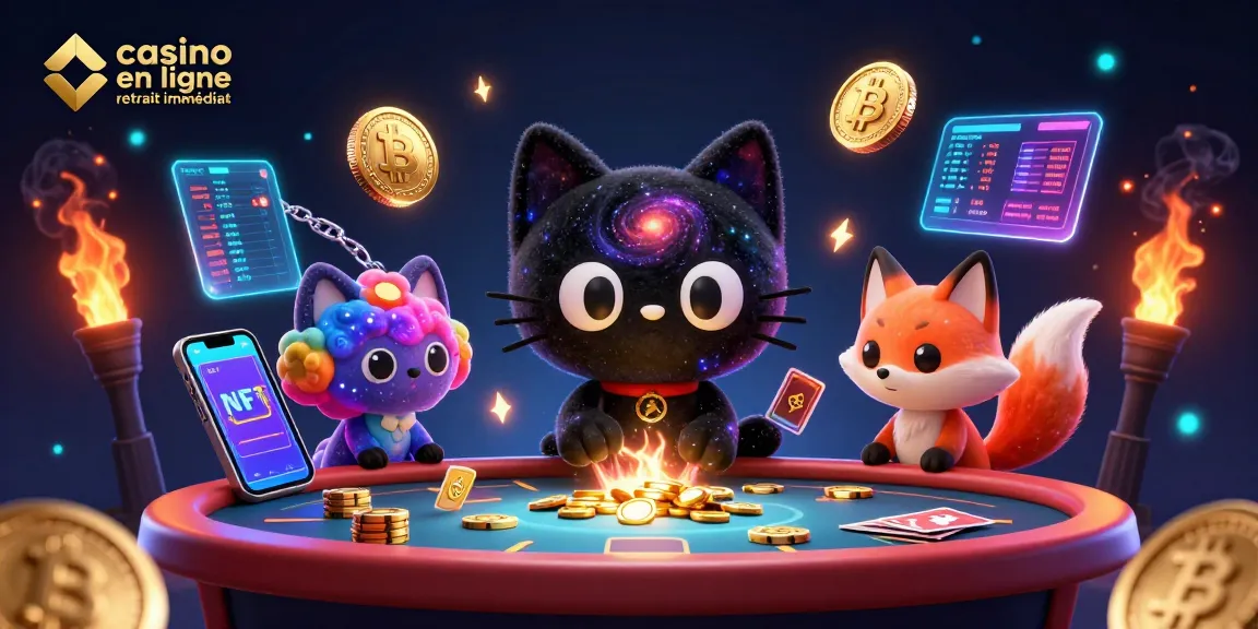 Découvrez le casino en ligne retrait immédiat avec une illustration dynamique d'un chat noir gravitationnel.