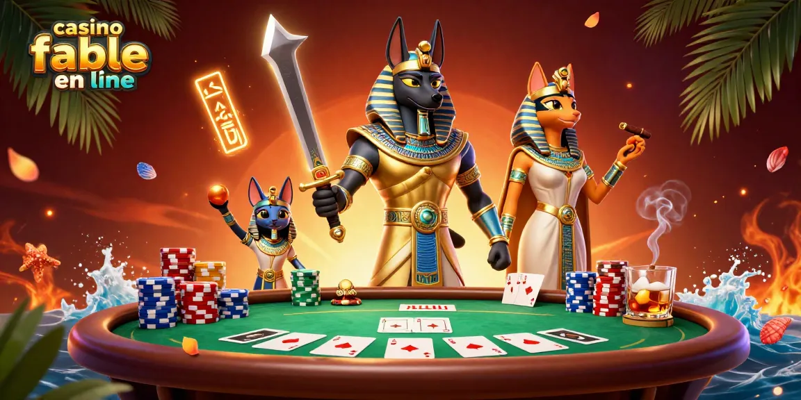 Illustration casino fiable en ligne avec Anubis et Bastet jouant au poker et des éléments de jeu.