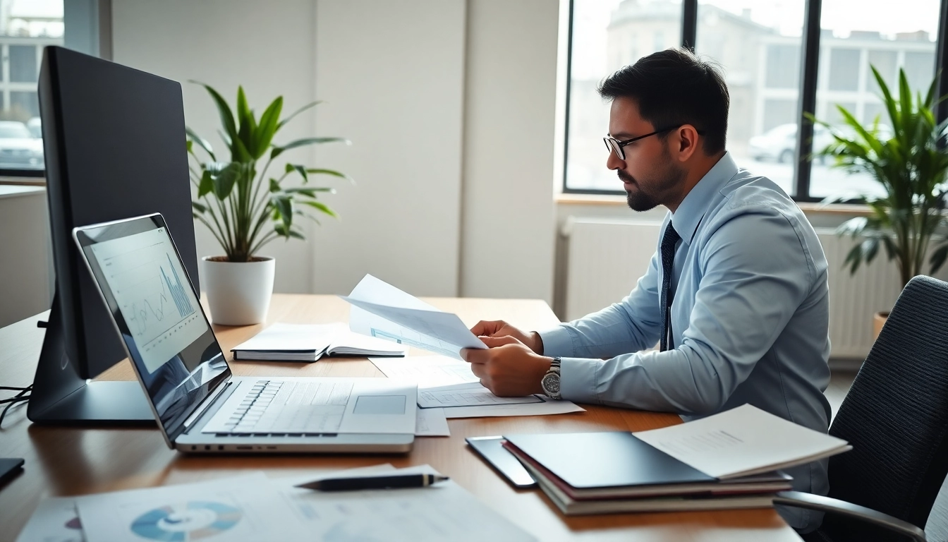 Consultant reviewing grants and pre-post award compliance documents on a desk.