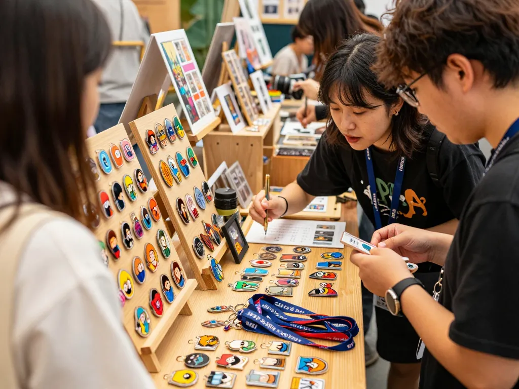 Custom acrylic pins displayed at a vibrant art event, showcasing unique designs and artist interaction.