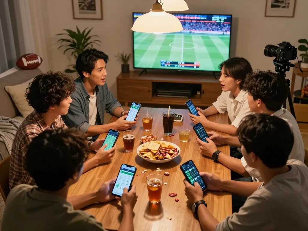 Friends analyzing kèo nhà cái data while betting on live sports during a fun home gathering.