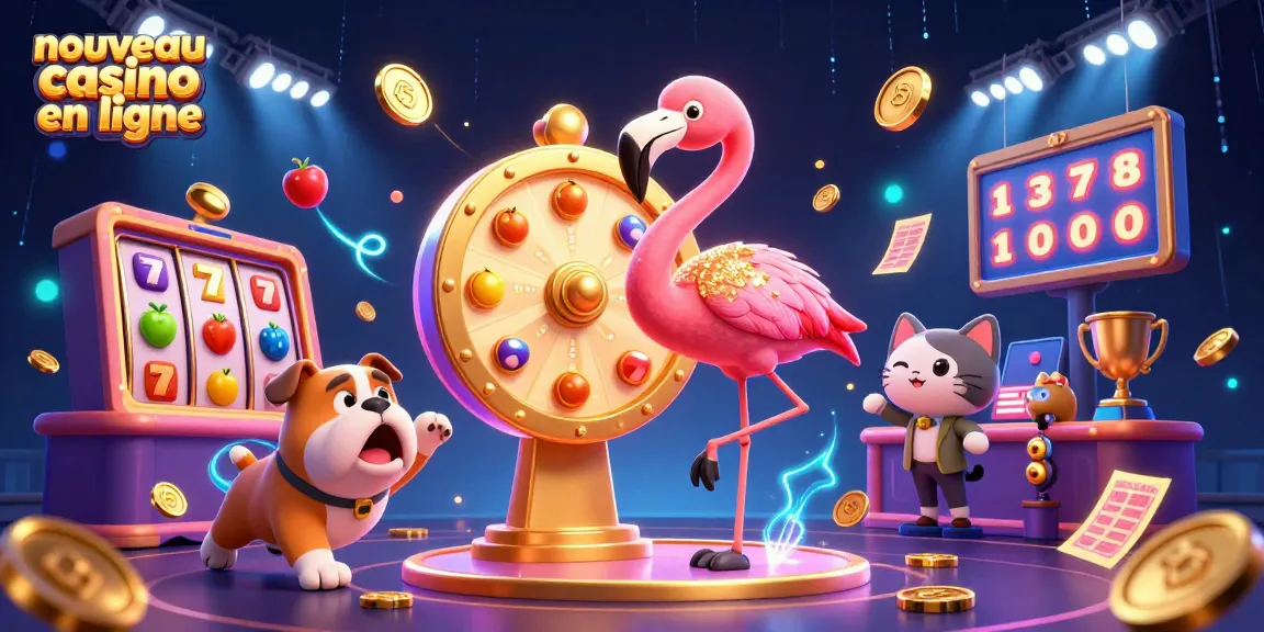 Nouveau casino en ligne : scène dynamique avec un flamant rose animateur et un bulldog contestant révélant des prix et des machines à sous.
