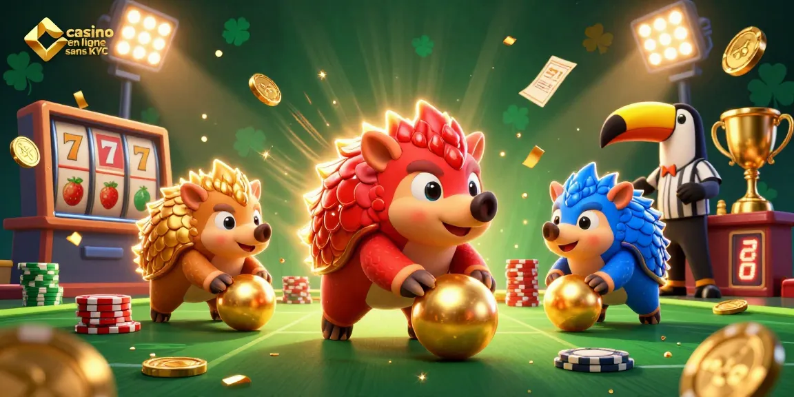 Illustration animée d'une scène de casino en ligne sans KYC avec des pangolins rivaux et des éléments de jeux.