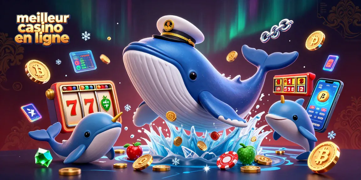 Expérimentez le meilleur casino en ligne avec cette illustration animée d'un cétacé dans un océan de pièces.