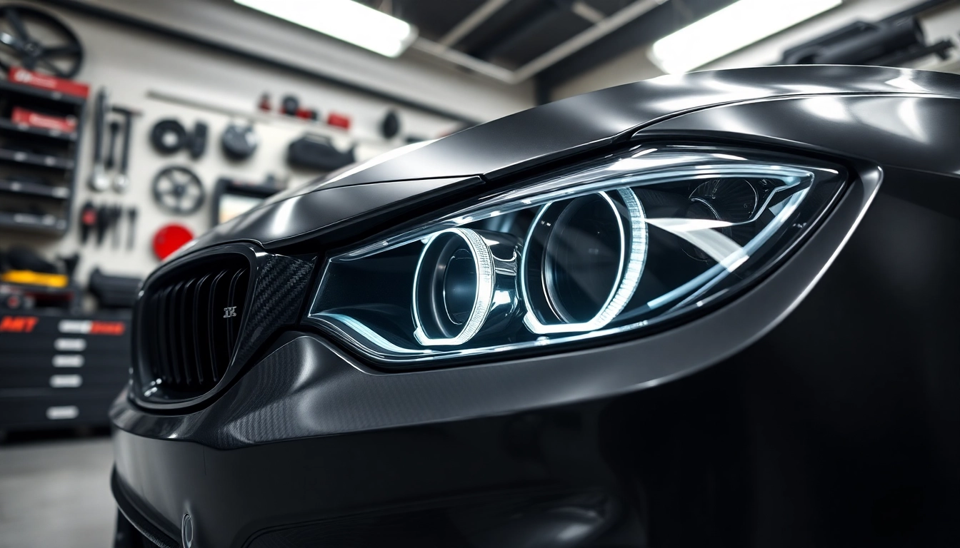 Showcasing G80 M3 Carbon Fiber Headlight Delete with detailed craftsmanship in a bright workshop.
